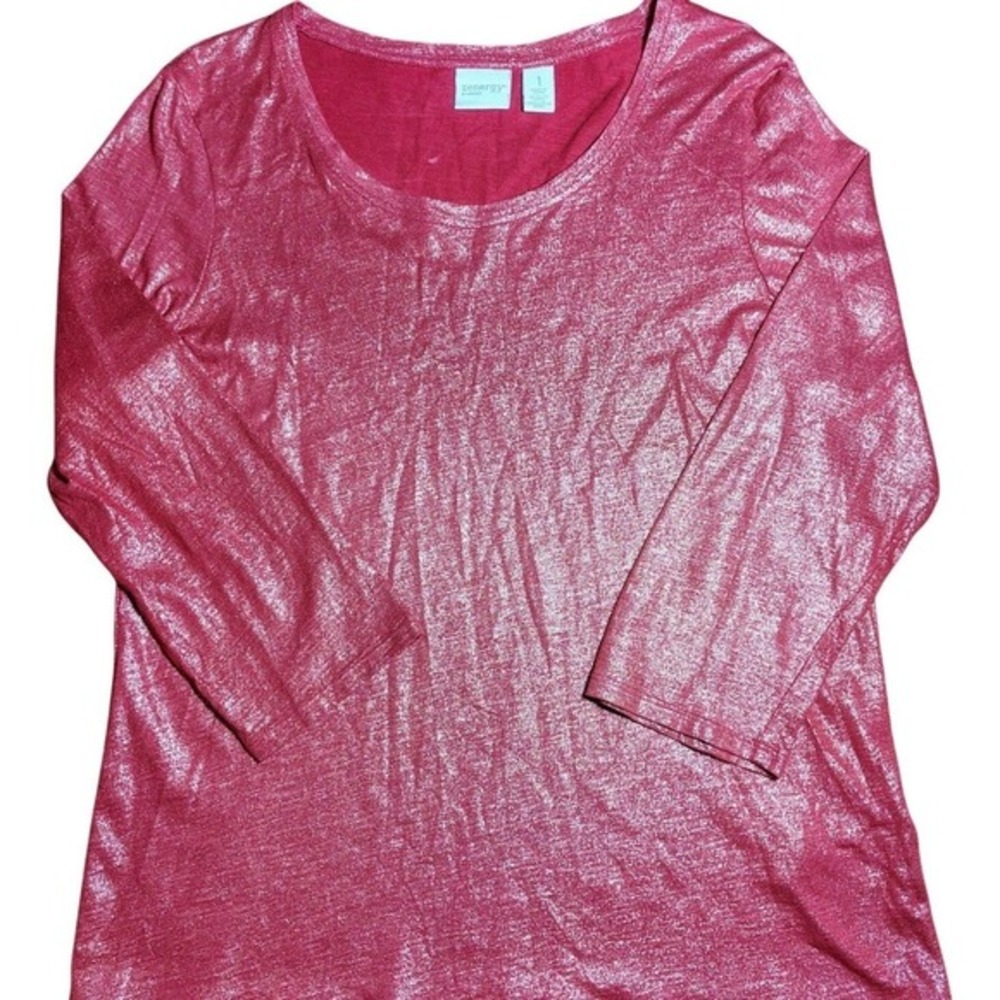 Zenergy by Chicos Red Metallic Shimmer 100% Cotton 3/4 Sleeve Top‎ festive chic